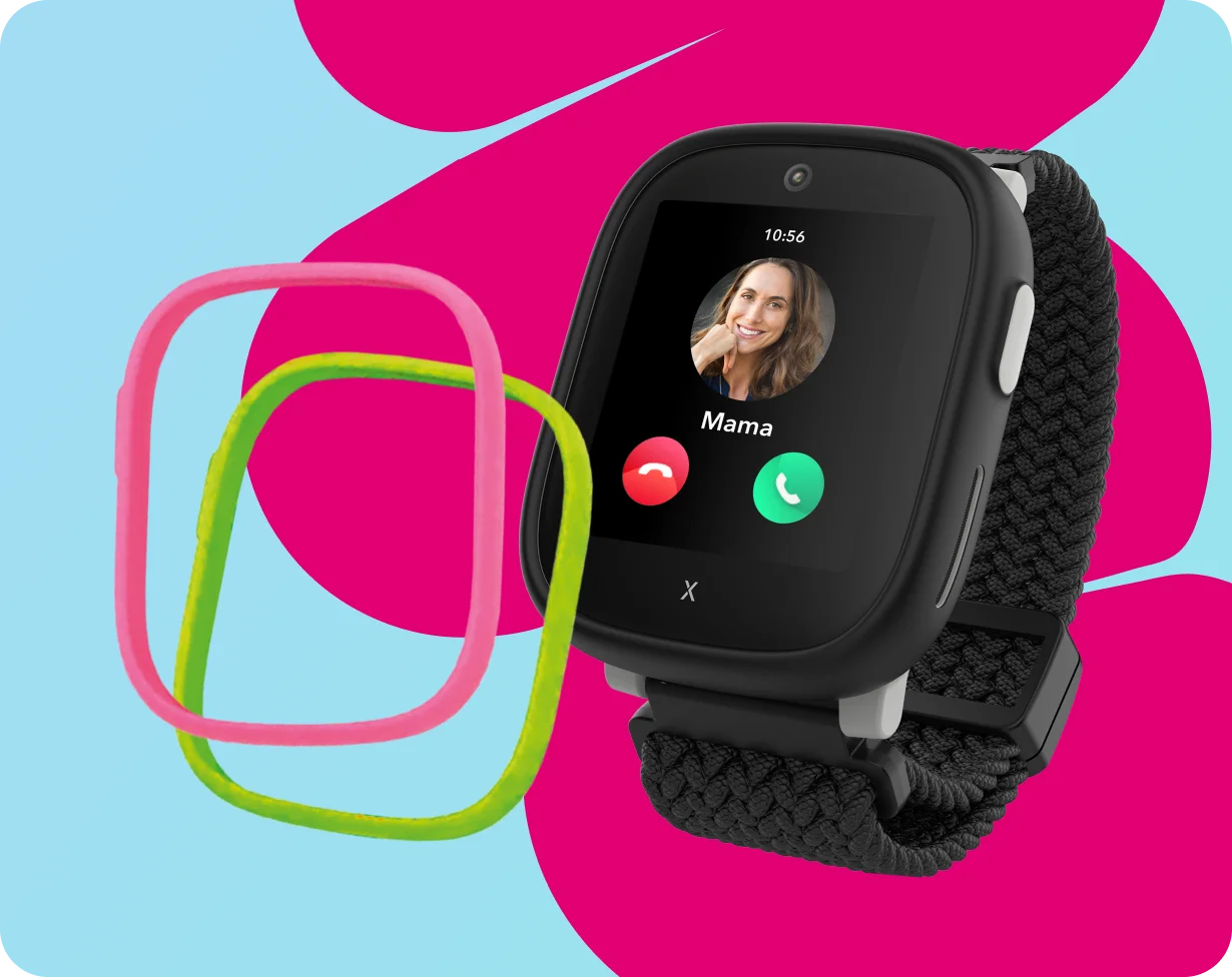 Schwarze Xplora Kinder-Smartwatch mit rosa und grünen Zierrahmen