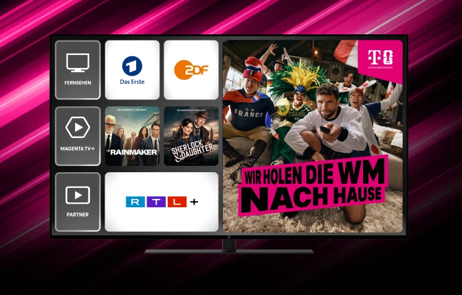 TV-Bildschirm mit verschiedenen TV-Programmen und Sendern, einschließlich 'Das Erste', 'ZDF' und 'RTL+' sowie Serienangebote.