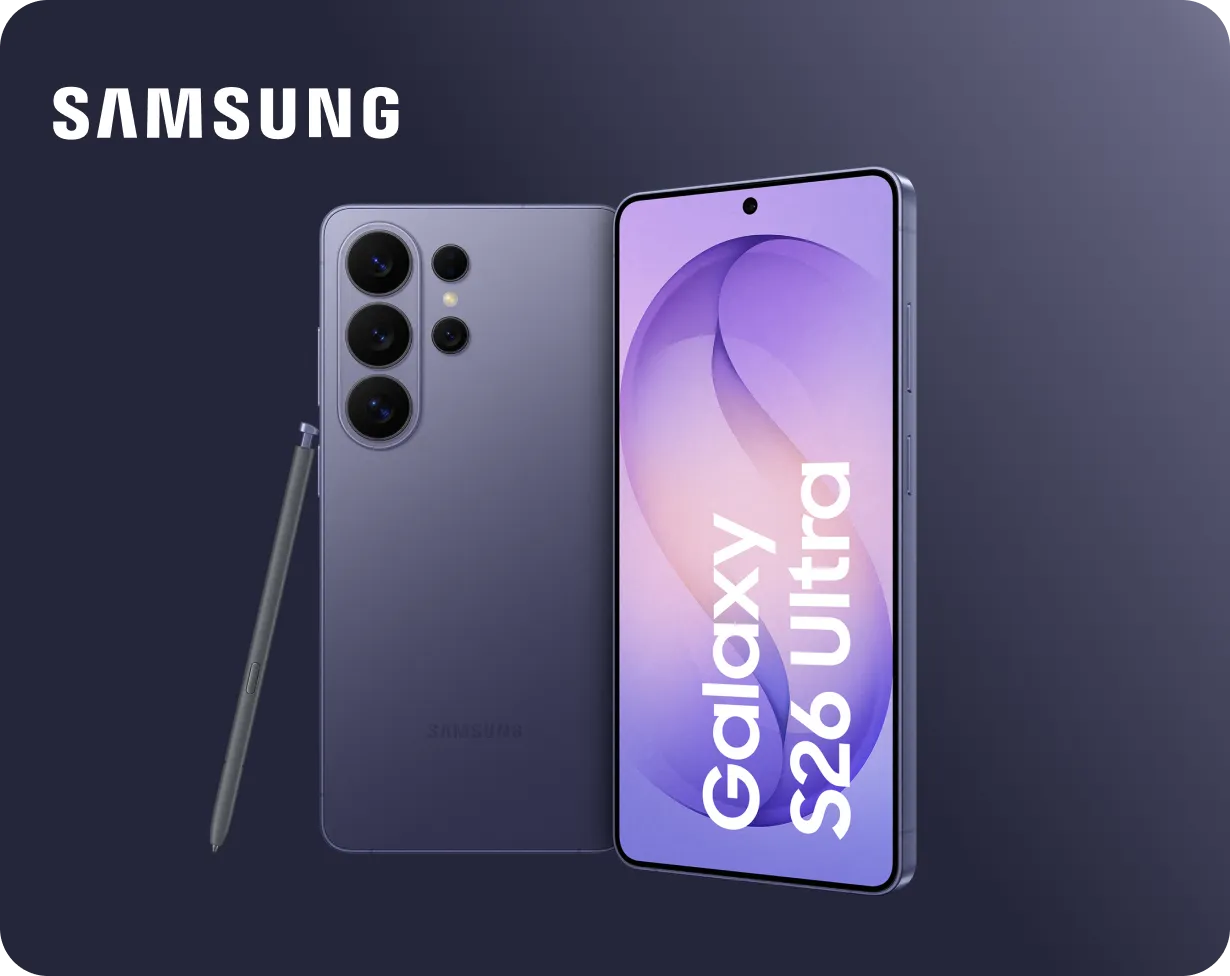 Samsung Galaxy S26 Ultra mit Kameramodul, daneben der Schriftzug Galaxy AI