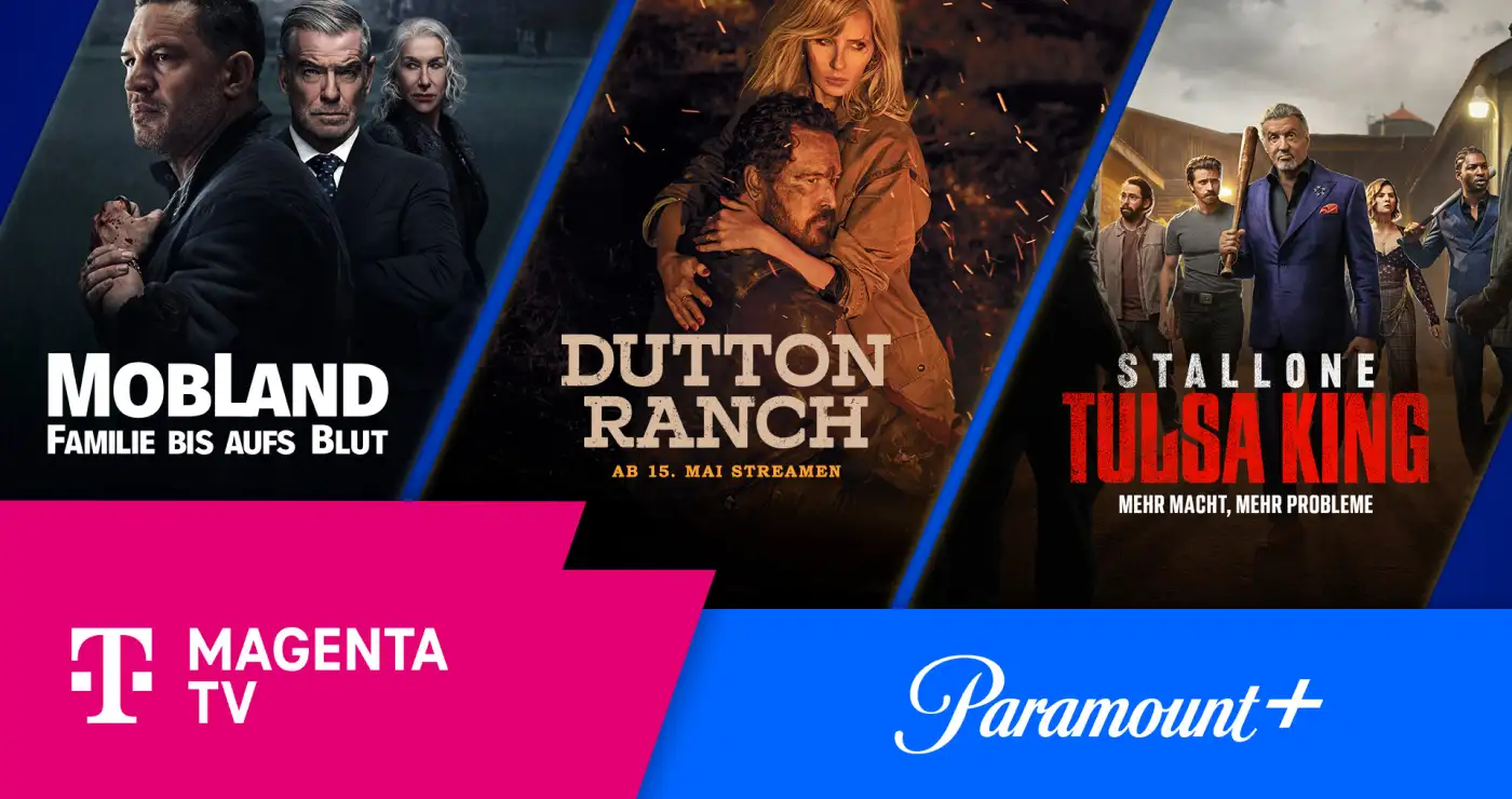 Ausgewählte Inhalte auf Paramount+: Mobland - Familie bis aufs Blut, Dutton Ranch und Tulsa King.