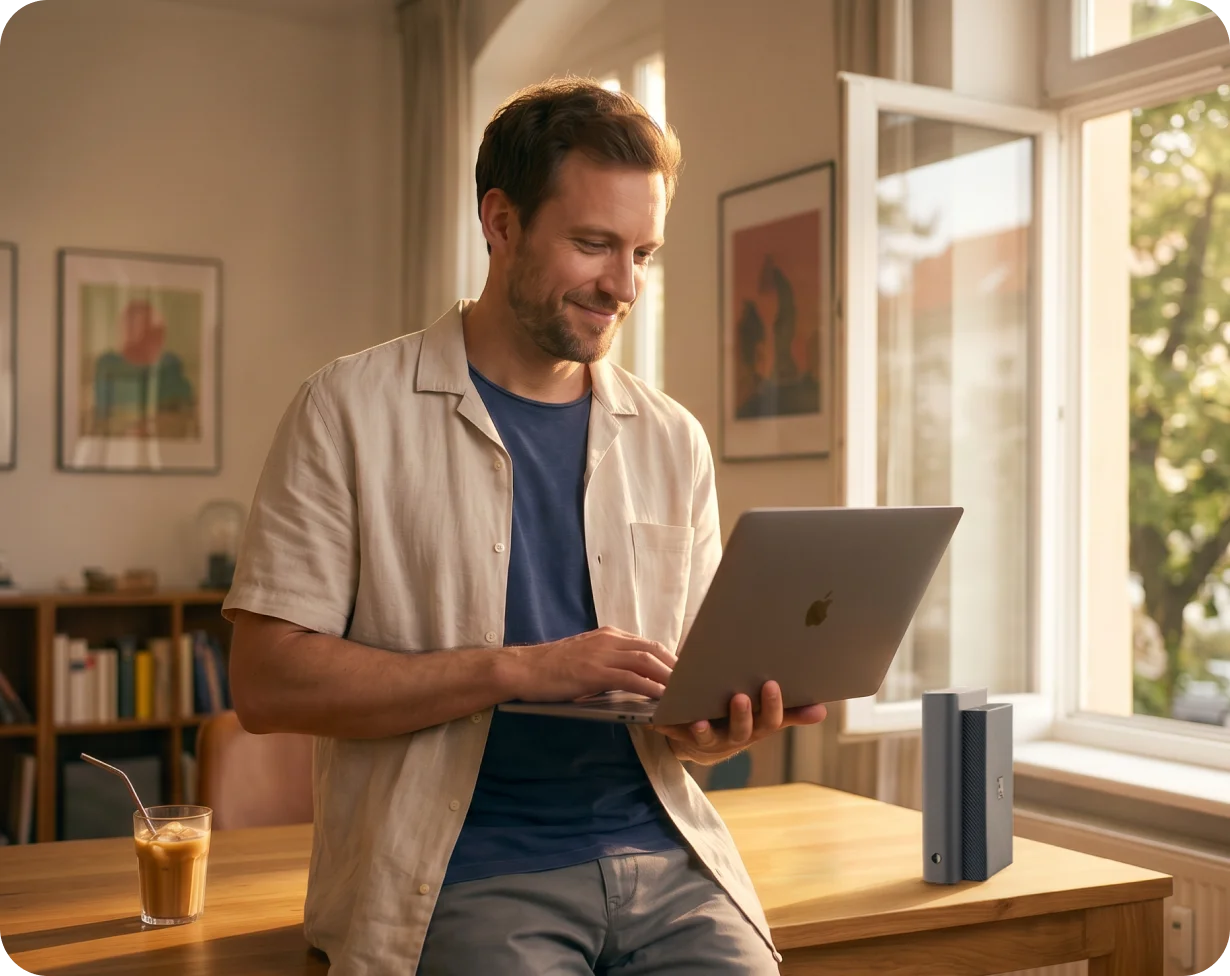 Ein Mann lehnt sich lächelnd mit einem MacBook an einen Tisch mit einem Telekom Router und einem Eiskaffe.