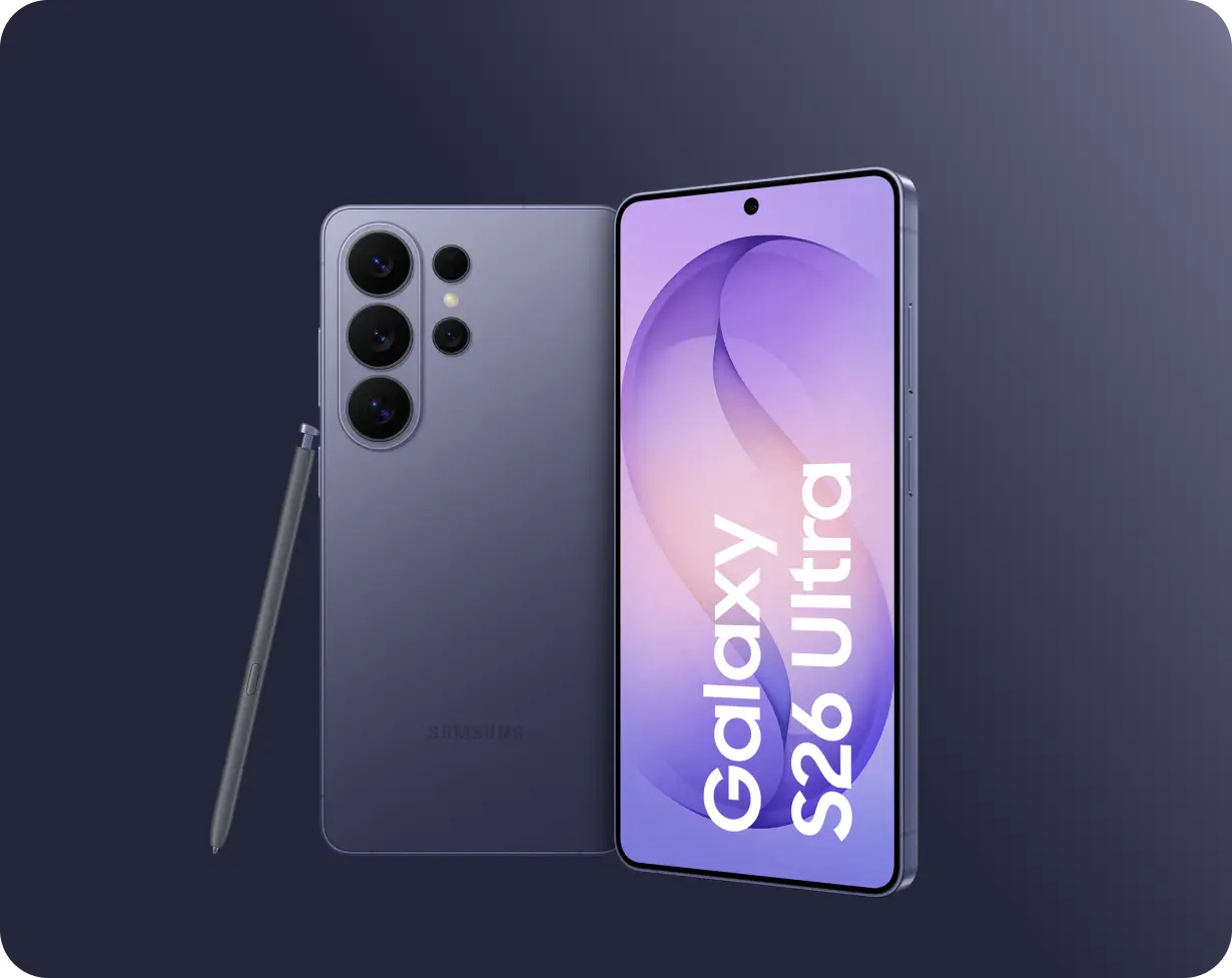 Samsung Galaxy S26 Ultra mit Kameramodul, daneben der Schriftzug Galaxy AI