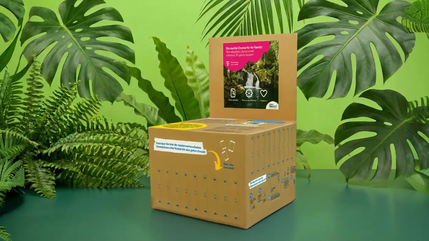 Regenwaldhintergrund mit Kartonbox im Vordergrund