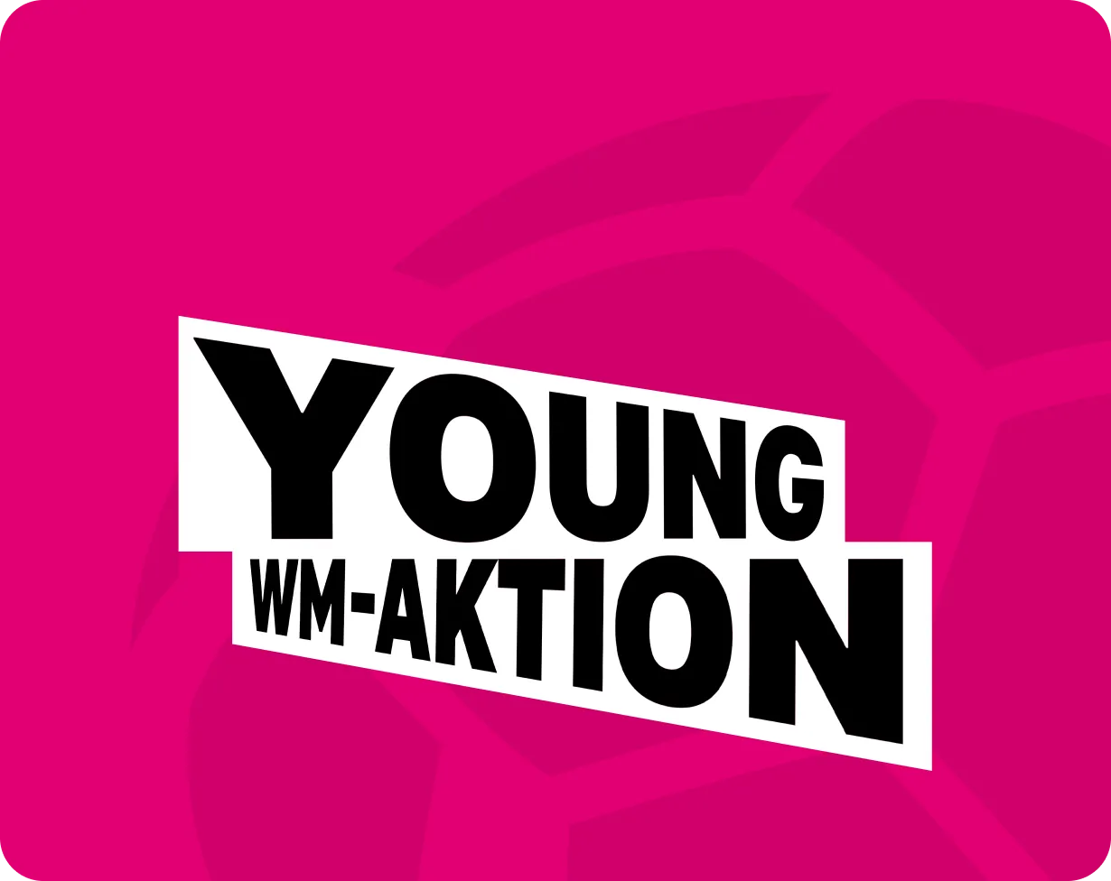 Grafik mit dem Schriftzug „Young WM-Aktion“ auf magentafarbenem Hintergrund.