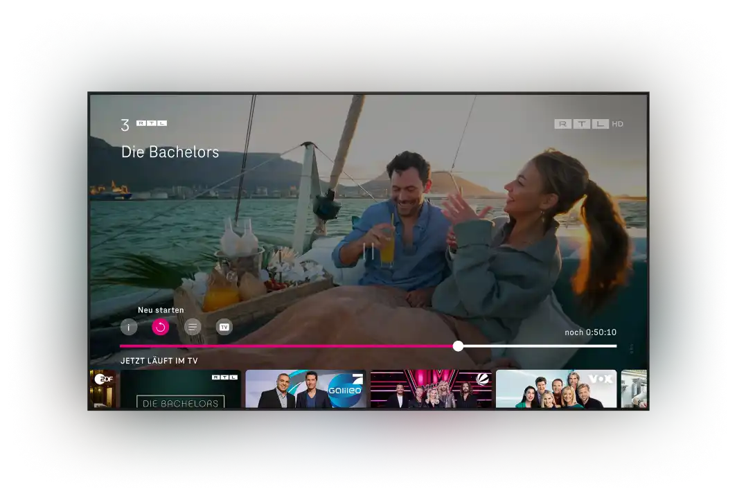Abbildung eines Fernsehers mit "Zeitversetzt Fernsehen"-Funktion bei MagentaTV
