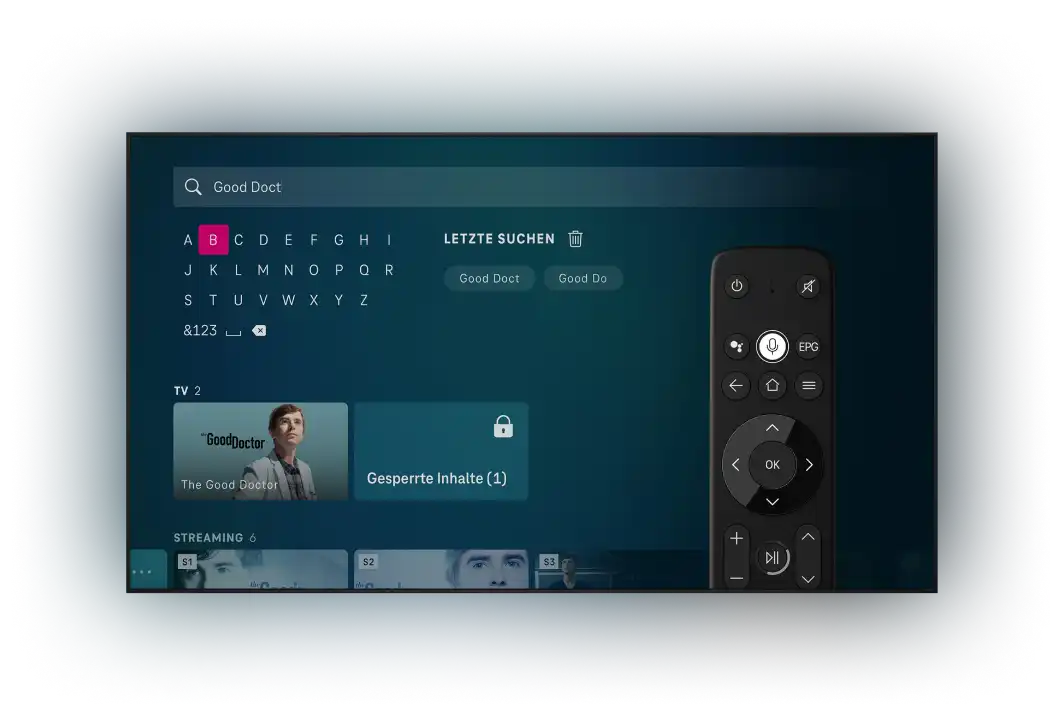 Abbildung eines Fernsehers mit "Suchen"-Funktion bei MagentaTV