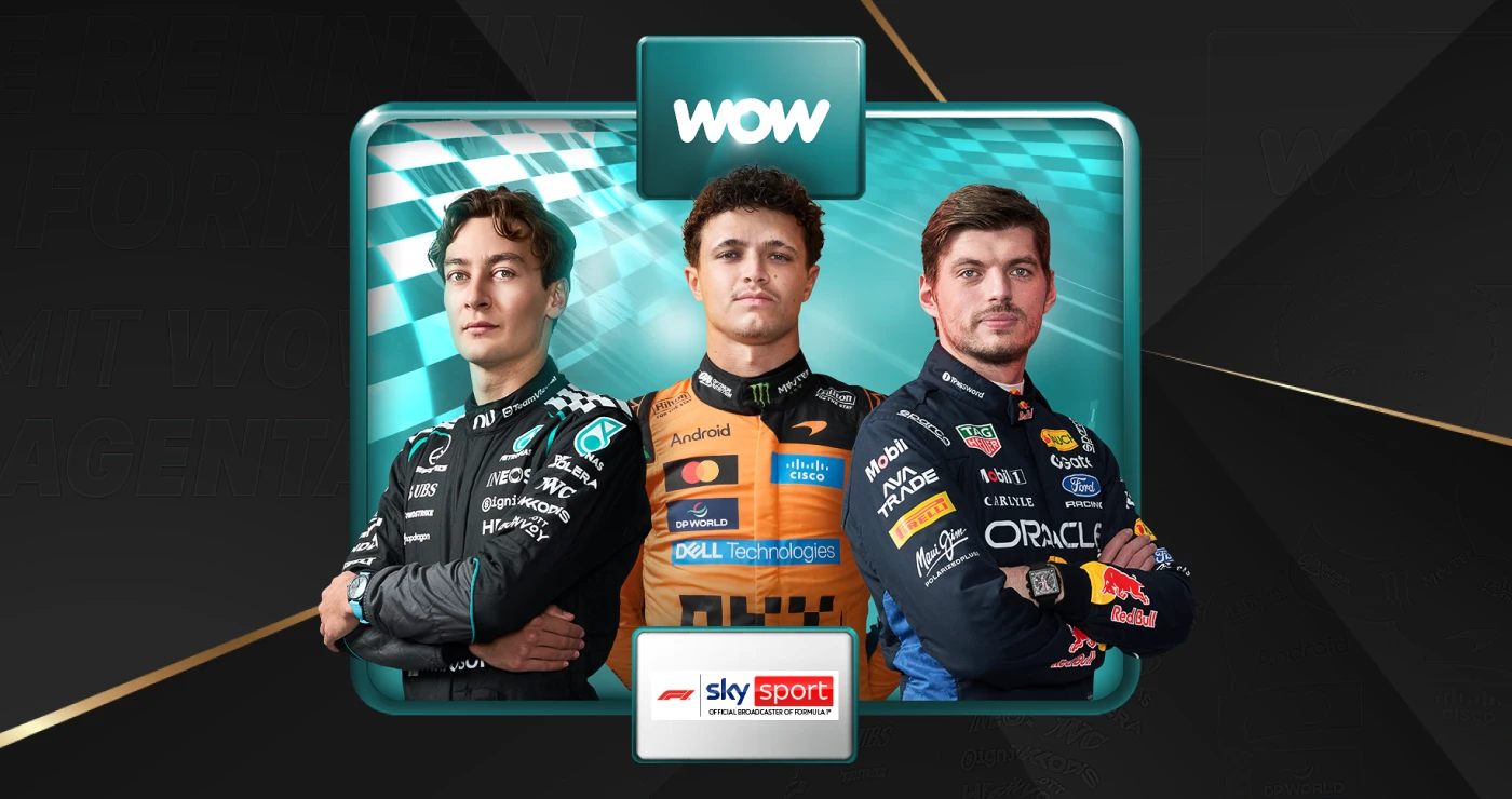 Drei Formel 1 Fahrer vor WOW Logo