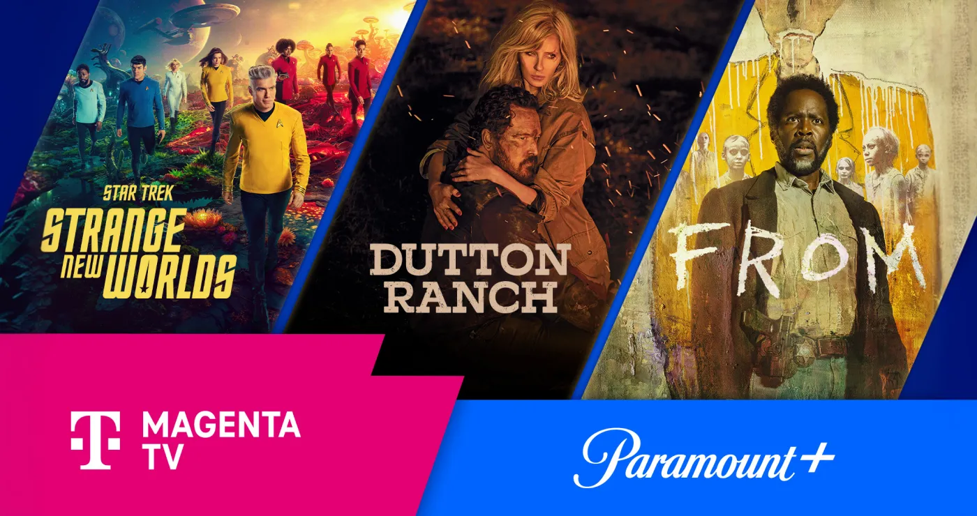 Serienposter von Star Trek: Strange New World, Dutton Ranch und From zusammen mit dem Telekom MagentaTV und Paramount+ Logo