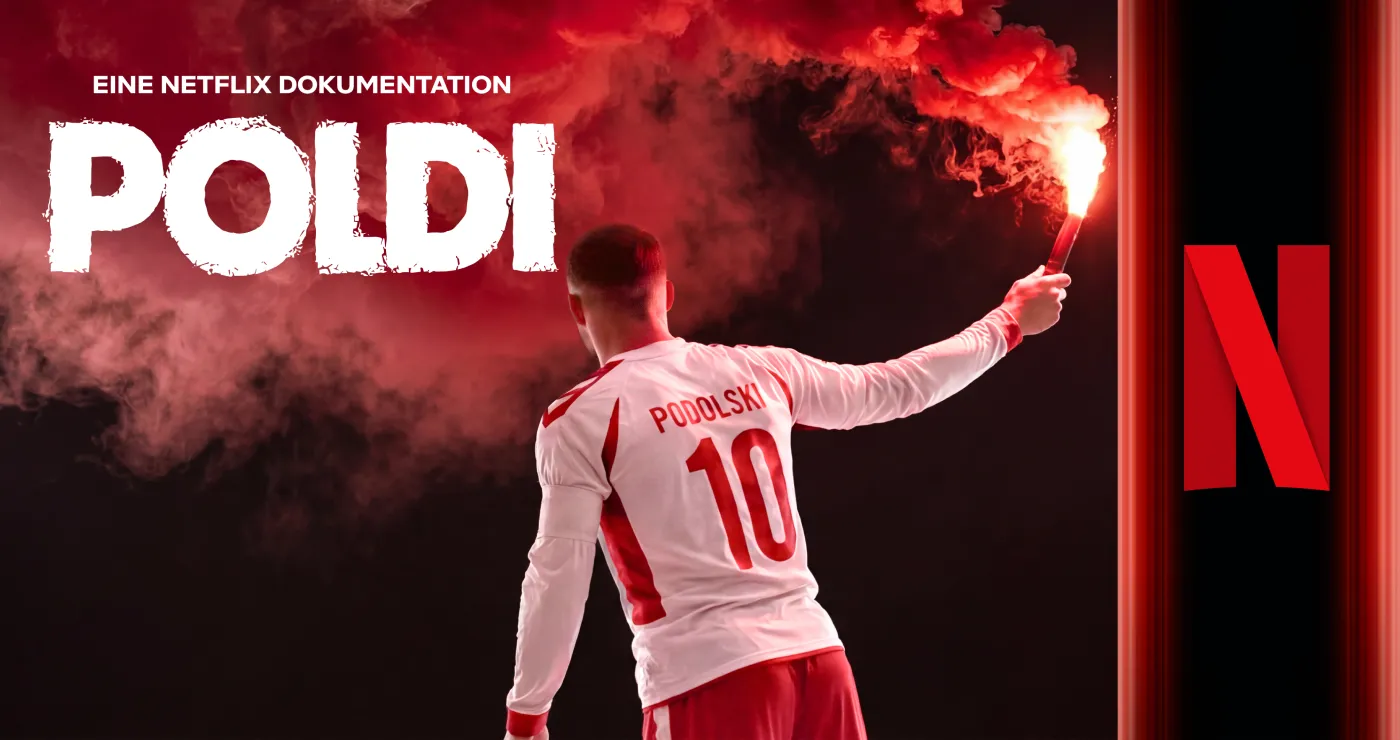 Keyvisual der "Poldi"-Netflix Doku mit Schrift "Ab 4. Juni"