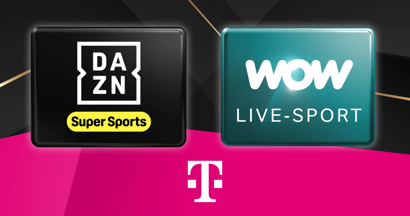 DAZN & WOW Logo über magentafarbener Shape