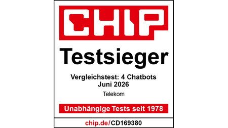 Testsiegel CHIP Testsieger, Vergleichstest 4 Chatbots, Juni 2026, Telekom 