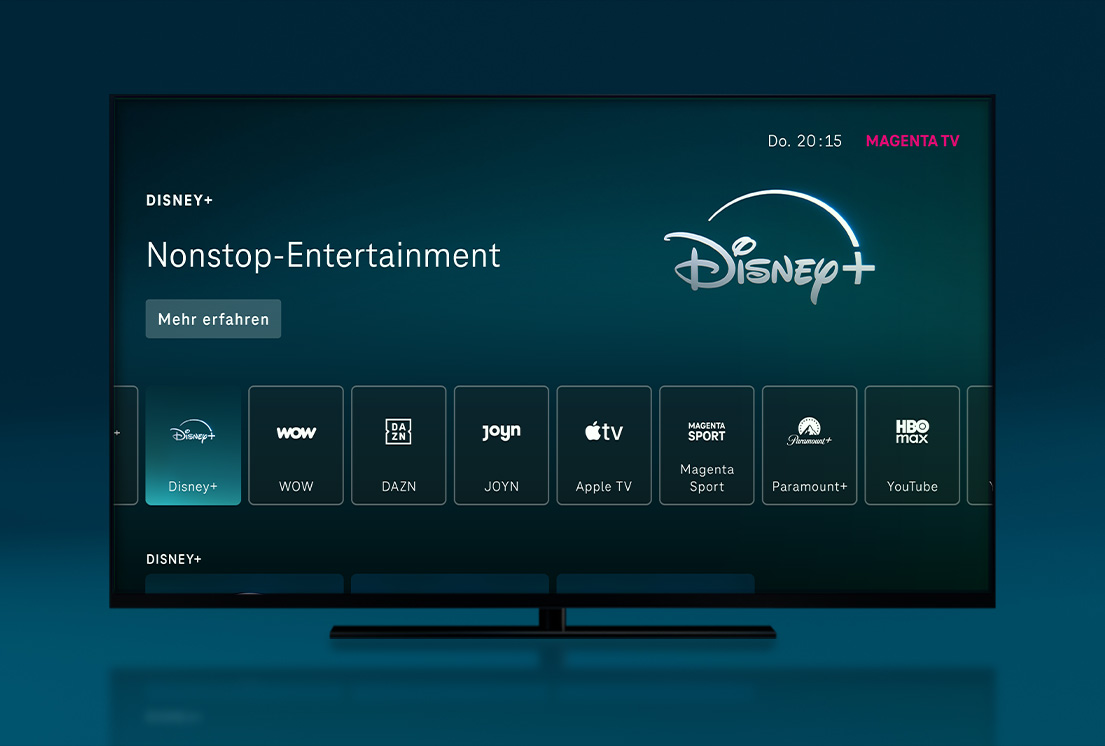 Magenta TV Smart-TV-Oberfläche mit Disney+ als ausgewähltem Streaming-Dienst und der Aufschrift Nonstop-Entertainment