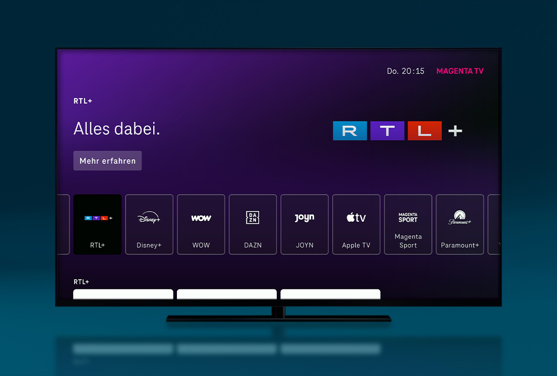 Magenta TV Smart-TV-Oberfläche mit RTL+ als ausgewähltem Streaming-Dienst und der Aufschrift 'Alles dabei'