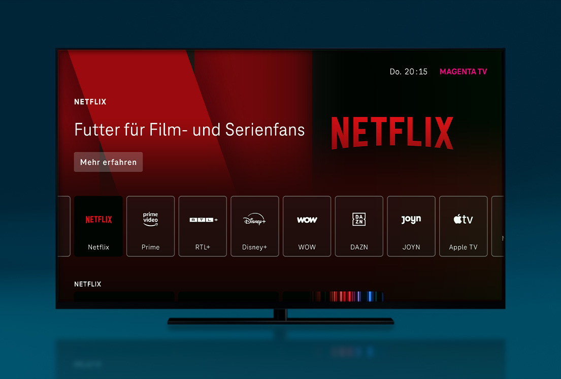 Magenta TV Smart-TV-Oberfläche mit Netflix als ausgewähltem Streaming-Dienst.