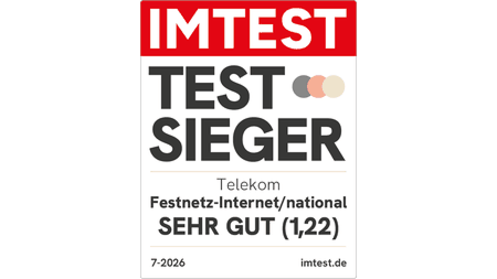Testsiegel IMTEST Testsieger Telekom, Festnetz-Internet/national, Sehr gut (1,22), 7/2026, imtest.de 