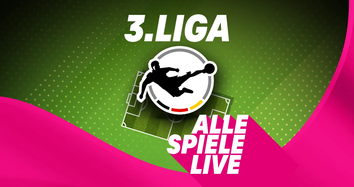 "3. Liga bei MagentaSport - Alle Spiele live" Schriftzug auf grün-pinkem Hintergrund