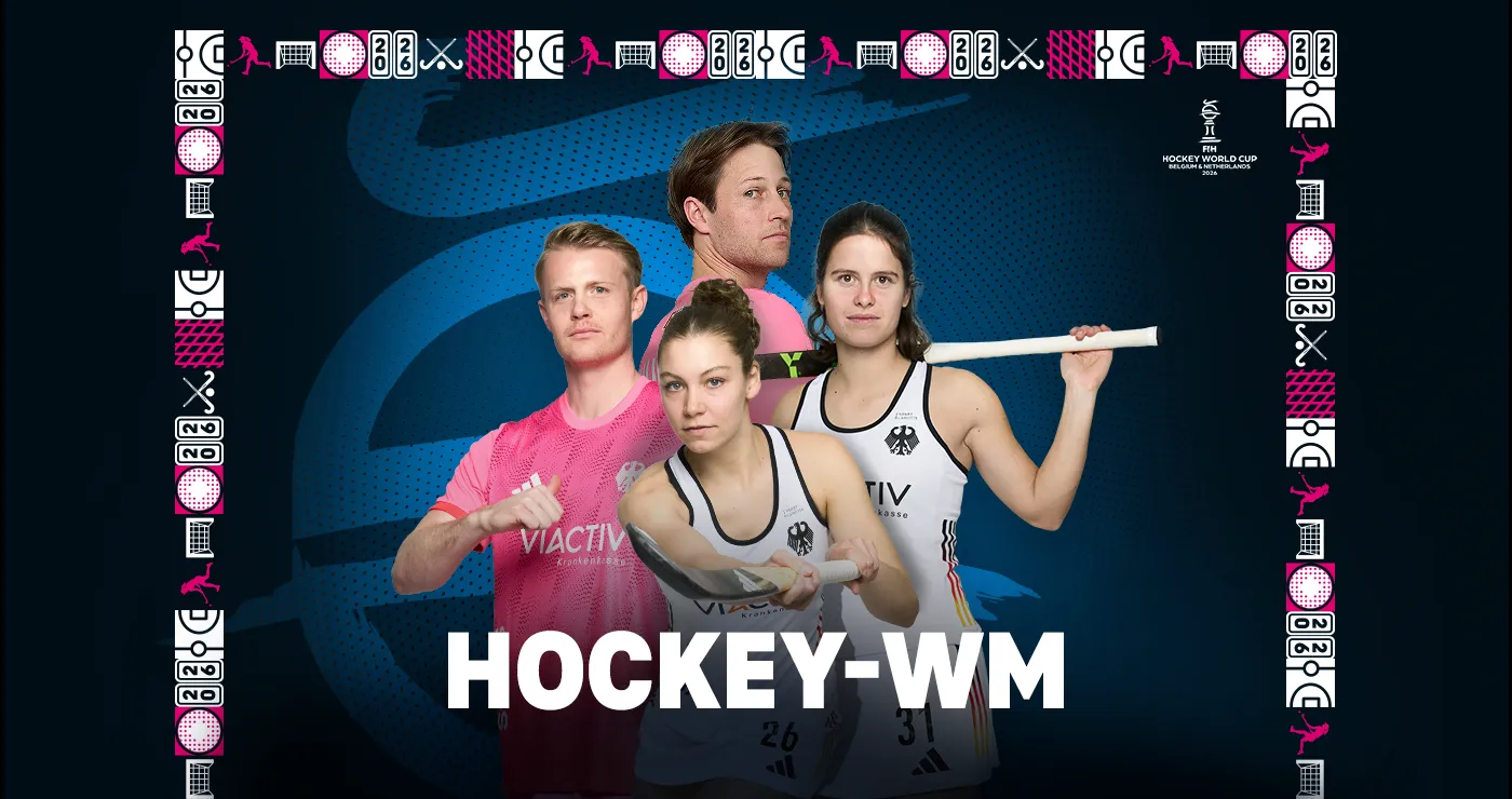 Profi-Feldhockey-Spieler mit "Hockey-WM" Schriftzug