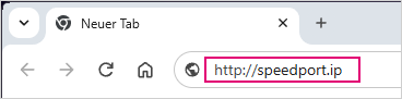 Die Abbildung zeigt die Adresszeilen des Google Chrome Browsers mit der Eingabe „http://speedport.ip“.
