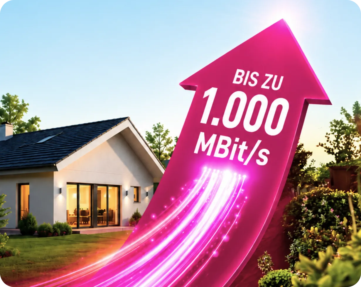 bis zu 1.000 MBit/s steht auf einem Pfeil vor einem Haus