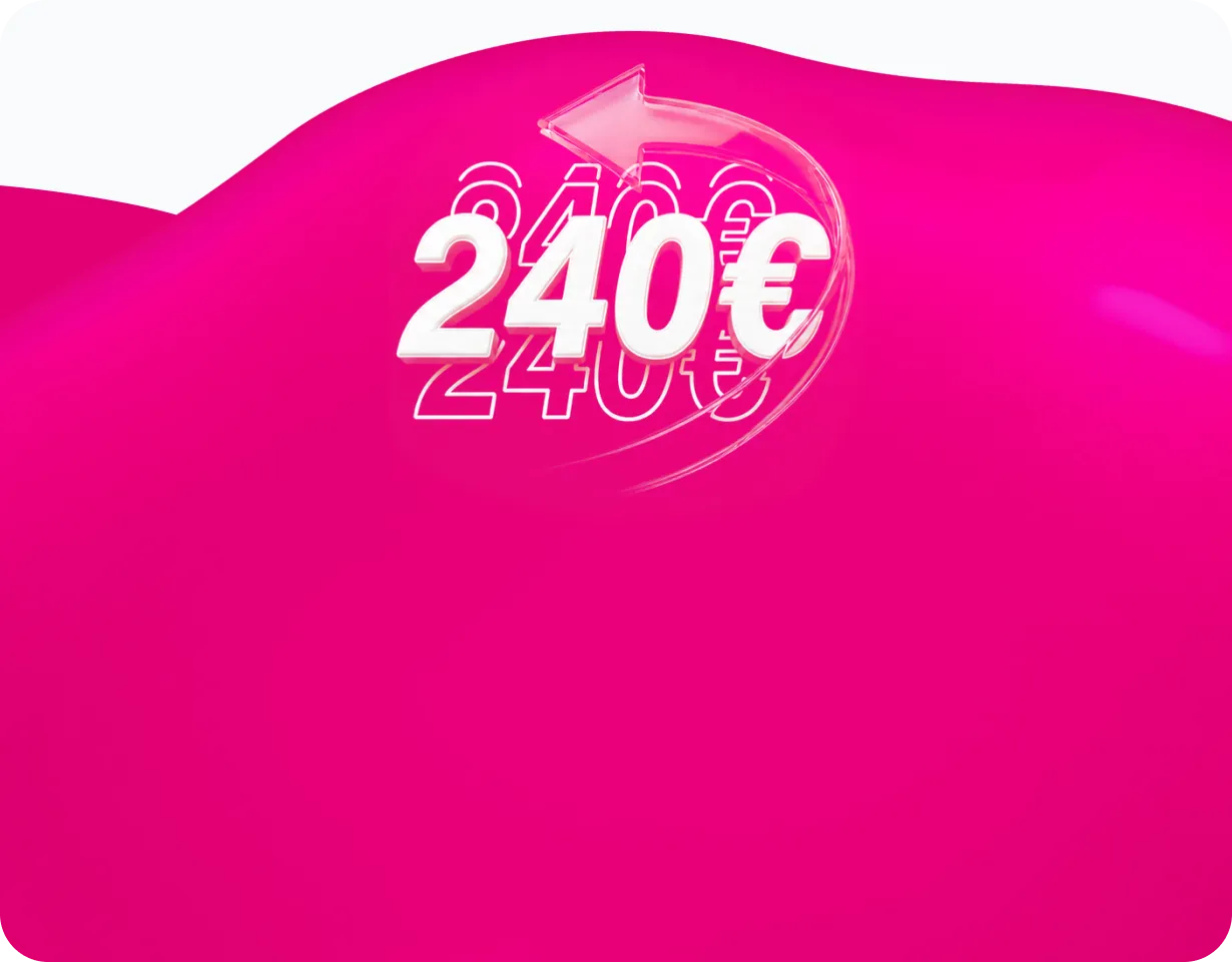 Lächelnder Mann mit Smartphone am Ohr neben der Grafik „240 €“ auf Magenta-Hintergrund