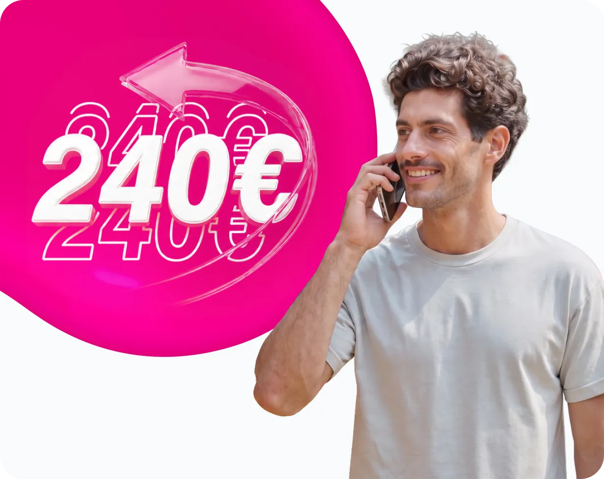 Lächelnder Mann mit Smartphone am Ohr neben der Grafik „240 €“ auf Magenta-Hintergrund