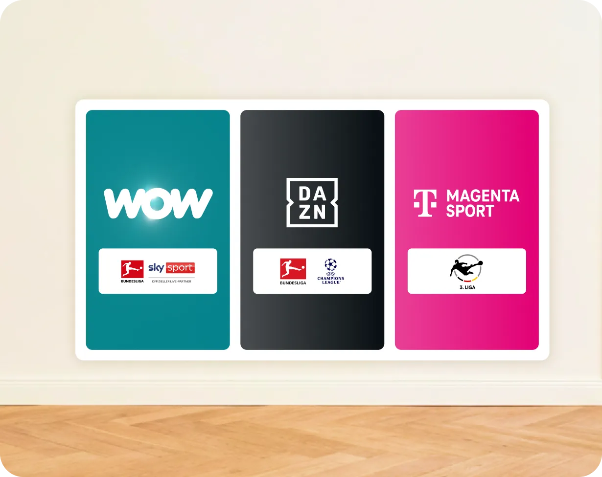 Drei Sportstreaming-Dienste in einem Paket: WOW Live-Sport mit Bundesliga und SkySport, MagentaSport mit 3. Liga-Action und DAZN mit Champions League und Bundesliga