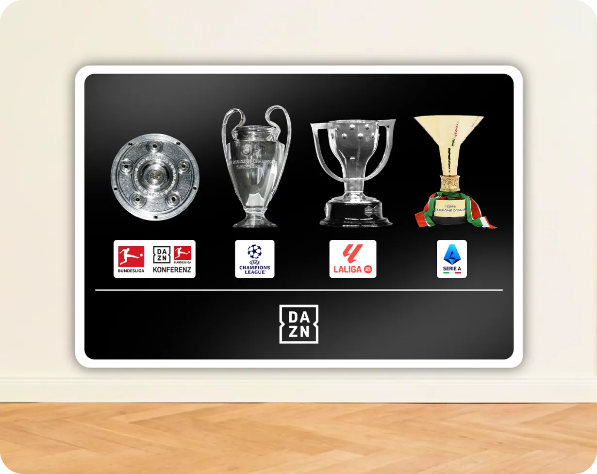 Pokale der Bundesliga, UEFA Champions League, LaLiga und Serie A mit dem DAZN-Logo