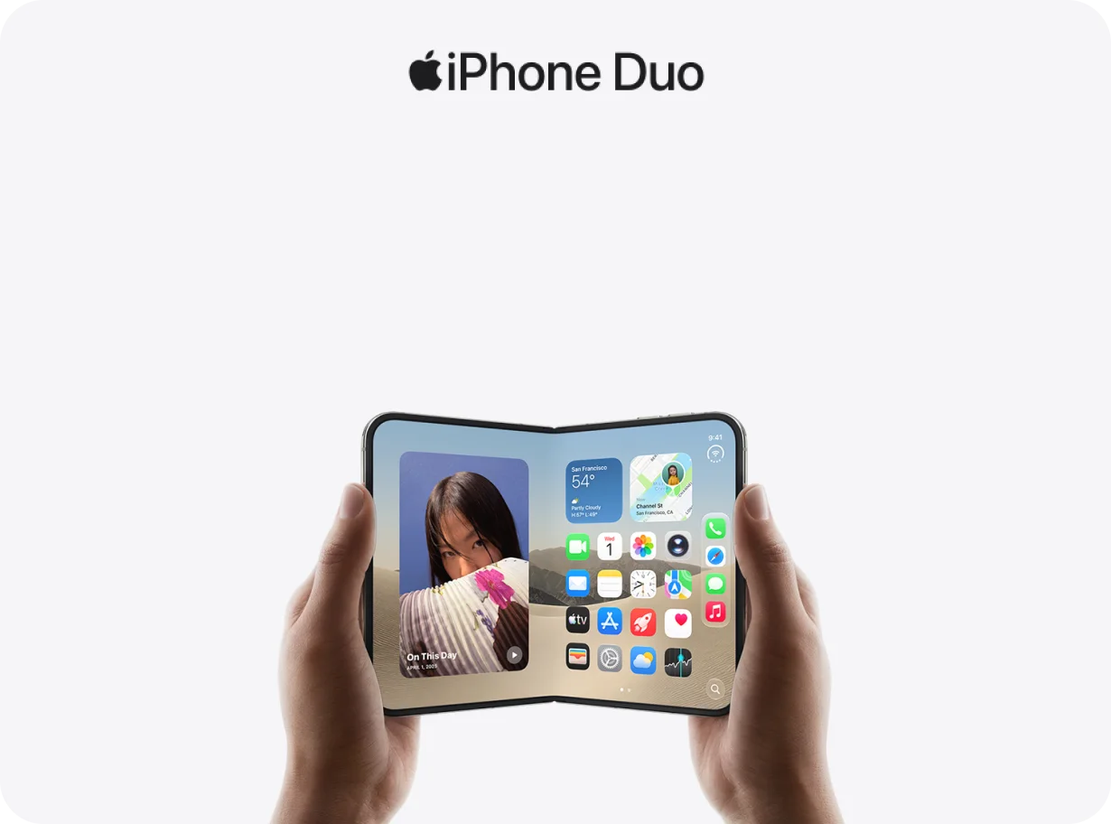 Zwei Hände halten ein aufgeklapptes iPhone Duo. Daneben der Schriftzug iPhone Duo.