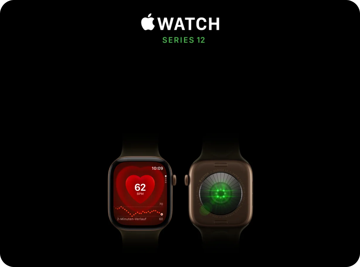 Zwei Apple Watch Series 12: links die Herzfrequenzmessung mit 62 BPM, rechts die Rückseite mit den grün leuchtenden Sensoren. Dazwischen der Schriftzug Apple Watch Series 12.