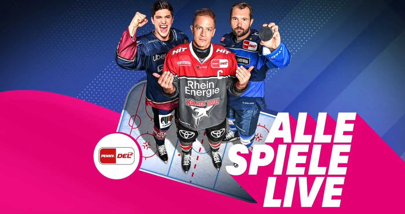 Abbildung von drei Profi-Eishockey-Spielern mit dem Schriftzug "Alle Spiele live"