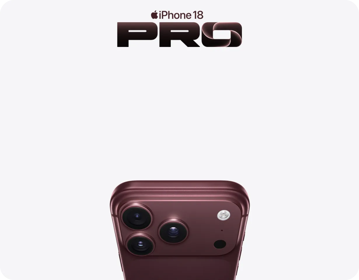 Der Schriftzug iPhone 18 Pro, daneben die Nahaufnahme der Kamera eines iPhone 18 Pro in Burgunder.