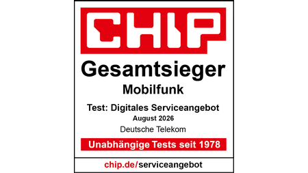 Testsiegel CHIP Gesamtsieger Mobilfunk, Test: Digitales Serviceangebot, August 2026, Deutsche Telekom