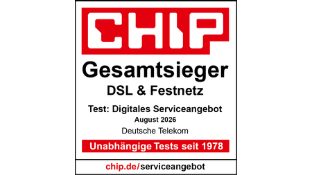 Testsiegel CHIP Gesamtsieger DSL & Festnetz, Test: Digitales Serviceangebot, August 2026, Deutsche Telekom