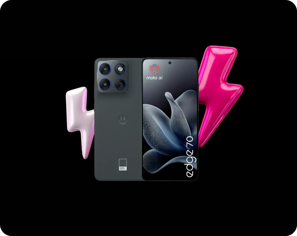 Motorola Edge 70 vor einem Blitz in Magenta auf schwarzem Hintergrund