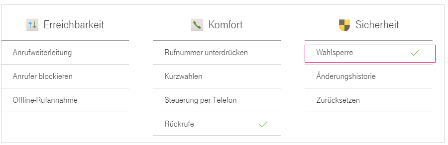 Unter Sicherheit klicken Sie auf Wahlsperre Sicherheit Wahlsperre