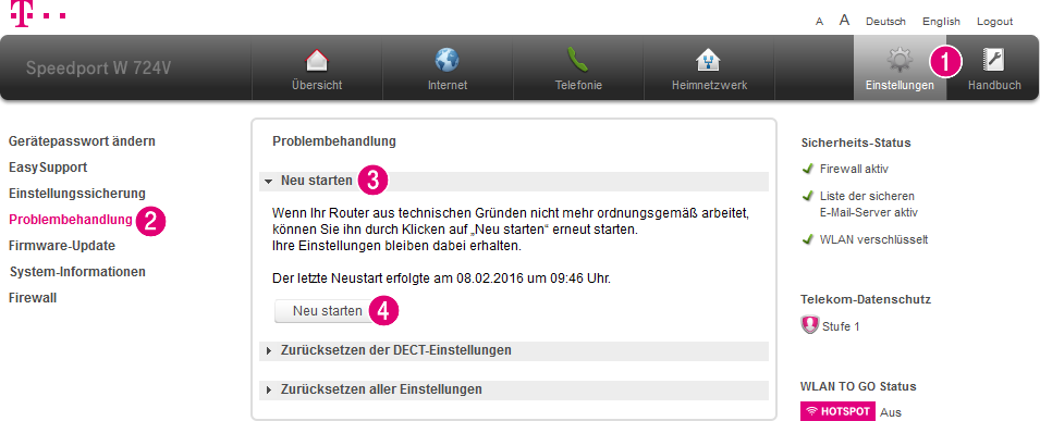 Einen Neustart am Speedport W 724V vornehmen. Einen Neustart am Speedport W 724V vornehmen.