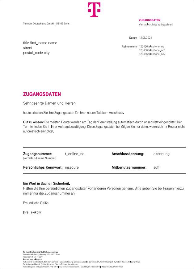 Ihre Zugangsdaten - Musteranschreiben