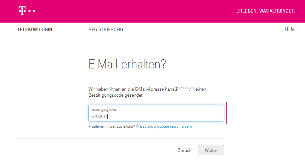 Erhalt E-Mail Bestätigungscode