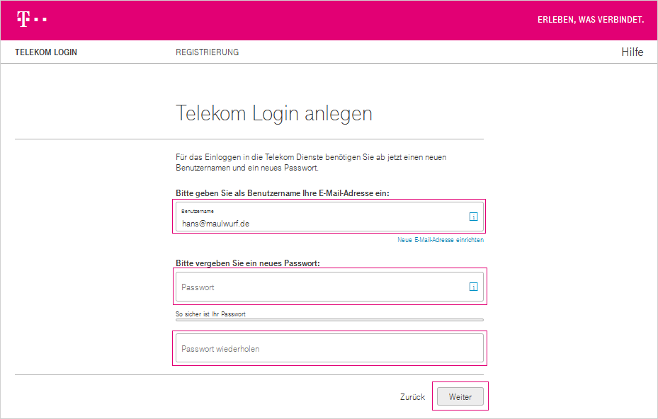 Anlegen des Telekom Login