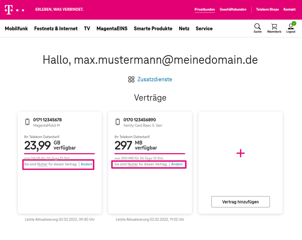 Kundencenter: Als Nutzer angemeldet Kundencenter: Als Nutzer angemeldet