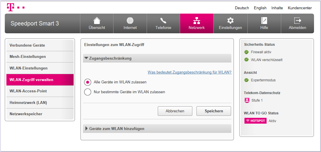 Speedport Smart 3 – Konfigurationsoberfläche – WLAN-Zugriff verwalten