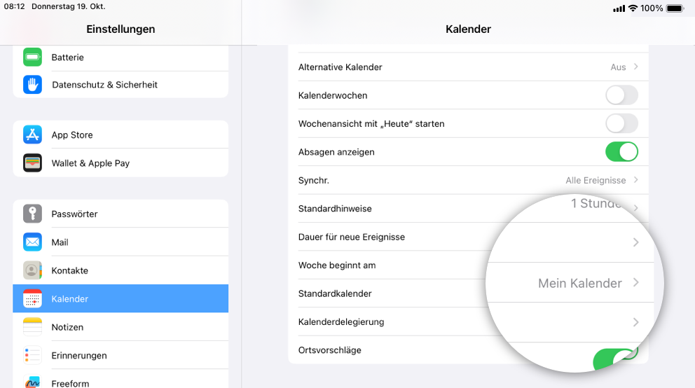 In Einstellungen auf "Kalender" und anschließend auf den "Standardkalender"