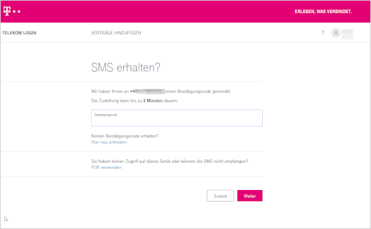 Bestätigungscode per SMS Bestätigungscode per SMS