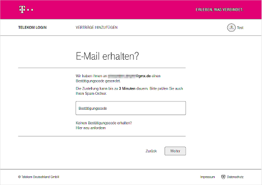 E-Mail erhalten - Eingabe Bestätigungscode