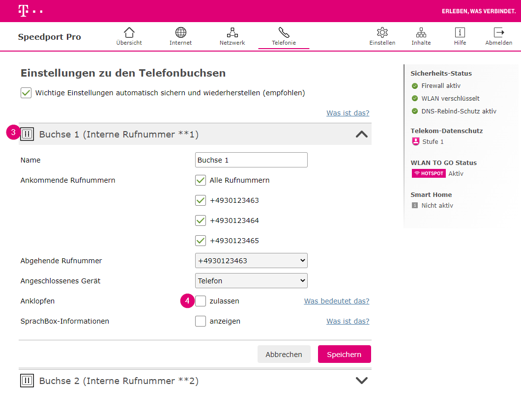 Speedport Pro und Speedport Pro Plus Telefoneinstellungen Buchse 1 Anklopfen zulassen deaktivieren