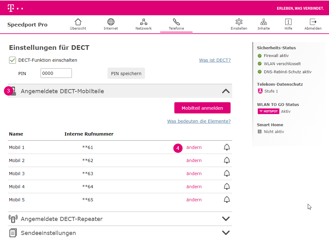 Speedport Pro und Speedport Pro Plus Angemeldete DECT-Mobilteile