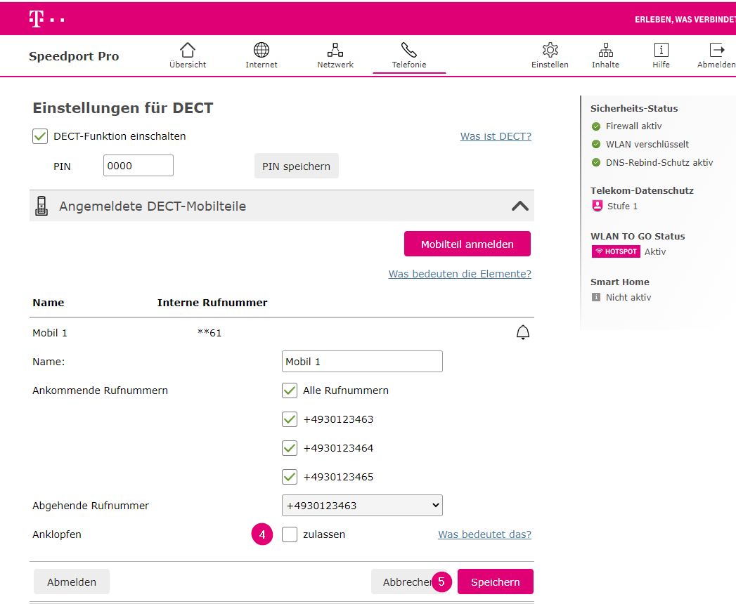 Speedport Pro und Speedport Pro Plus Telefoneinstellungen DECT Anklopfen zulassen deaktivieren