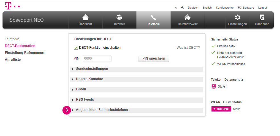 Speedport Neo Telefonie angemeldete Schnurlostelefone