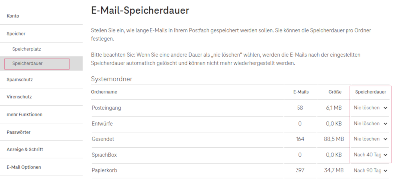 E-Mail Center: Speicherdauer E-Mail Center: Speicherdauer