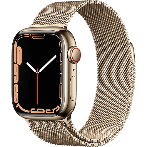 Apple Watch Series 7 41 mm Edelstahl Gold, Milanaise Gold - Vorne und Hinten